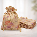 Floral Printed Jute Potli Bag | Floral Print Drawstring Pouch | 4 Sizes Available | Pack of 10