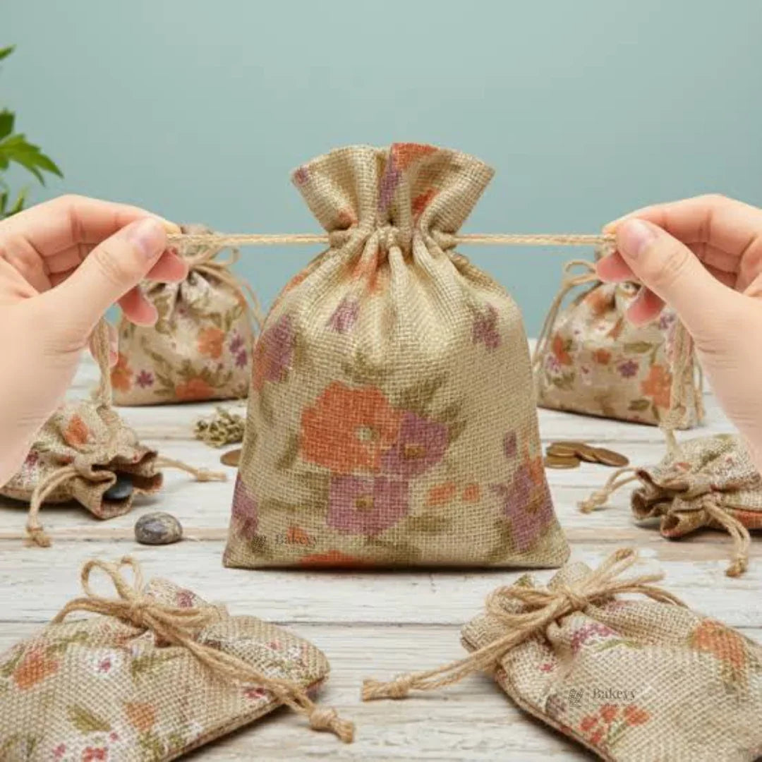 Floral Printed Jute Potli Bag | Floral Print Drawstring Pouch | 4 Sizes Available | Pack of 10