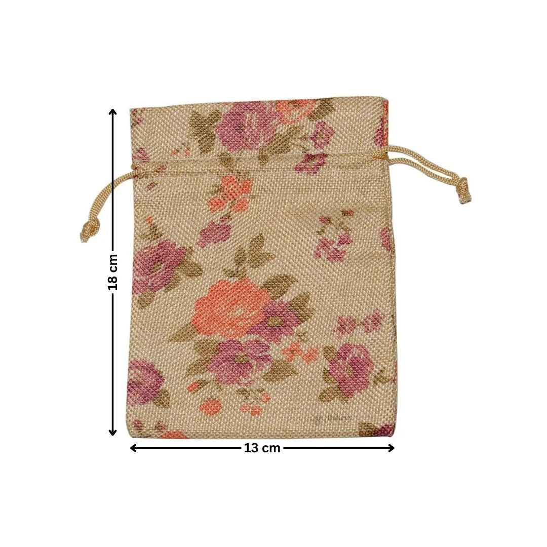 Floral Printed Jute Potli Bag | Floral Print Drawstring Pouch | 4 Sizes Available | Pack of 10