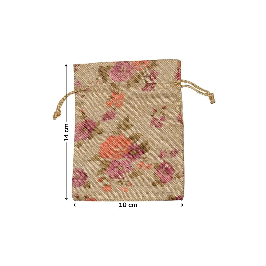 Floral Printed Jute Potli Bag | Floral Print Drawstring Pouch | 4 Sizes Available | Pack of 10