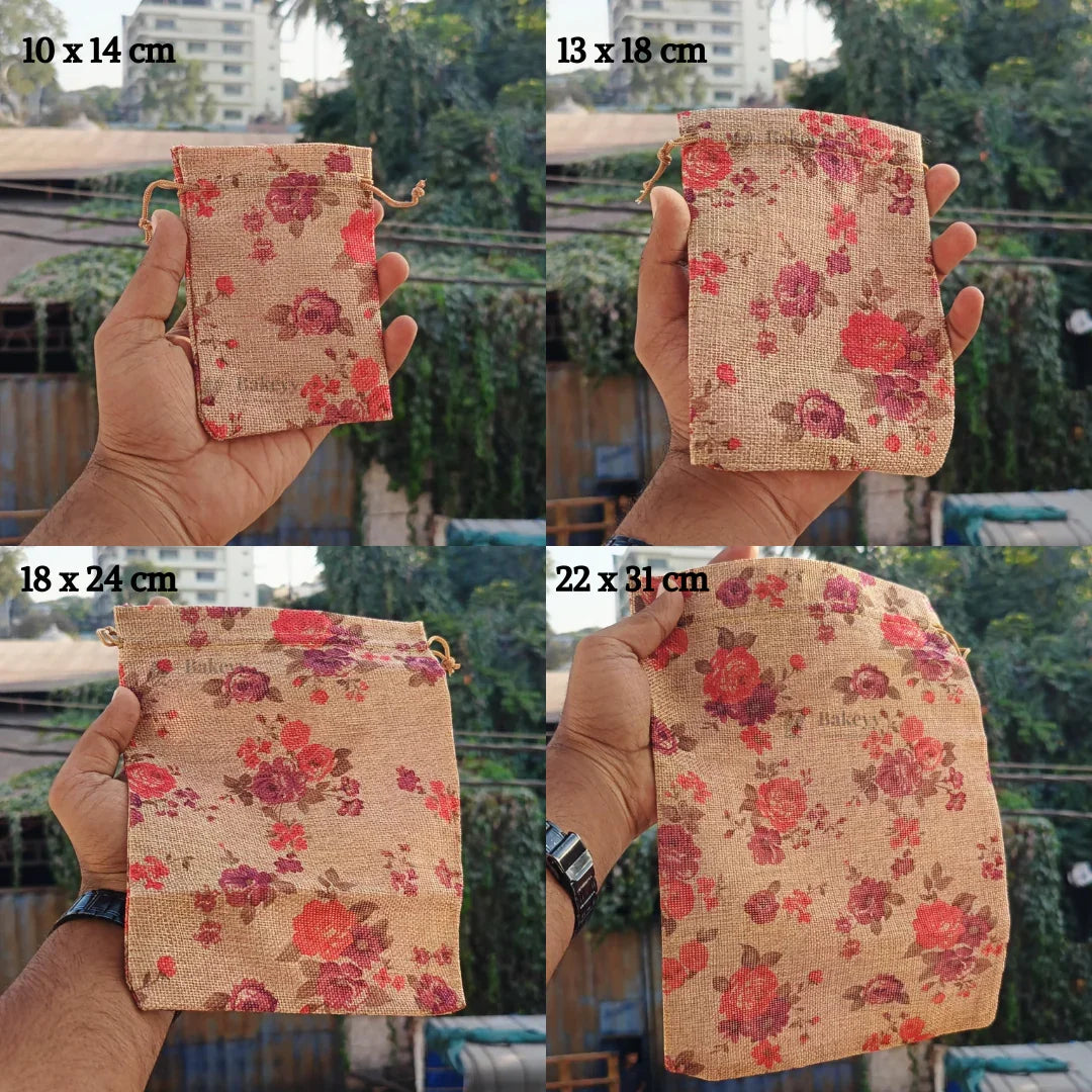 Floral Printed Jute Potli Bag | Floral Print Drawstring Pouch | 4 Sizes Available | Pack of 10