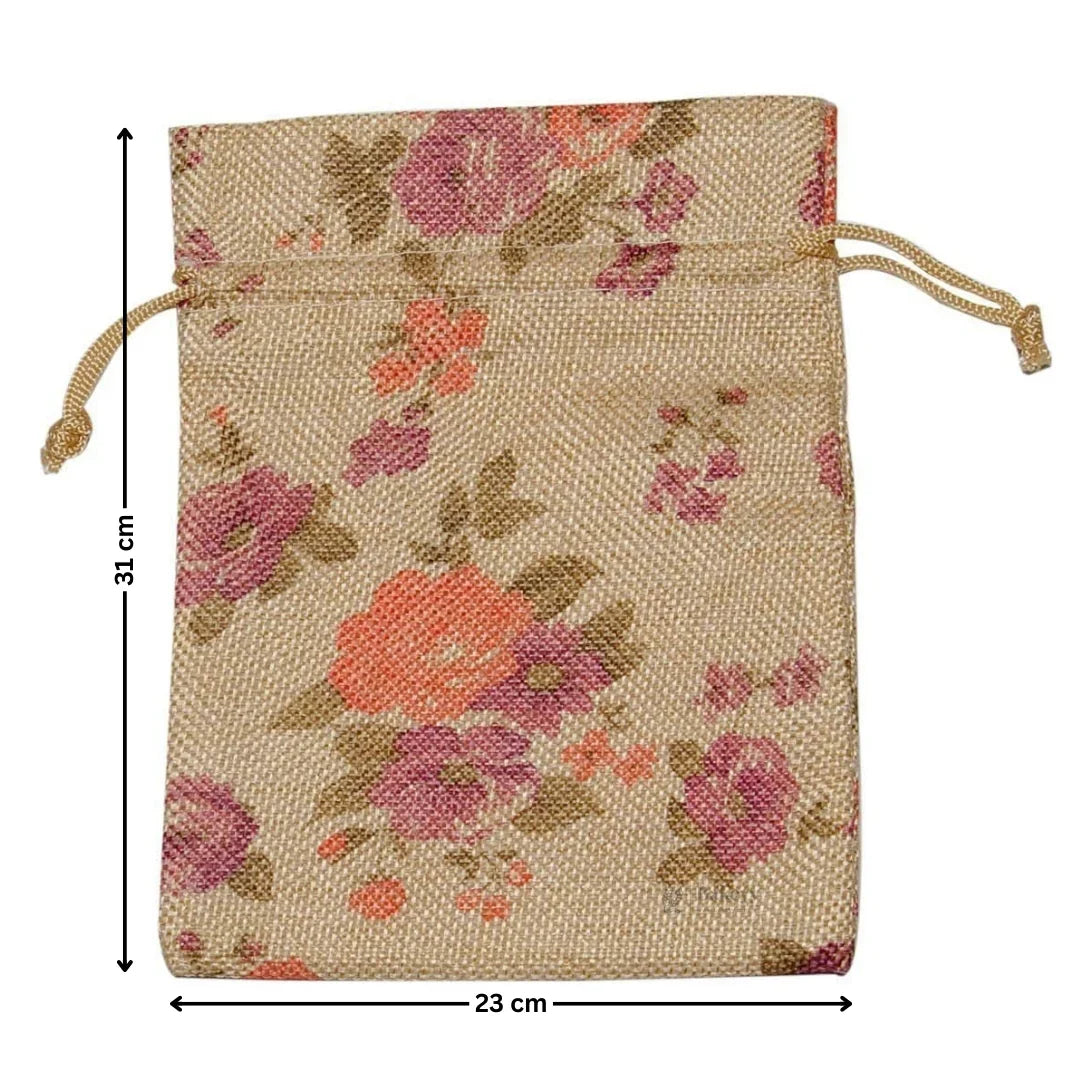 Floral Printed Jute Potli Bag | Floral Print Drawstring Pouch | 4 Sizes Available | Pack of 10