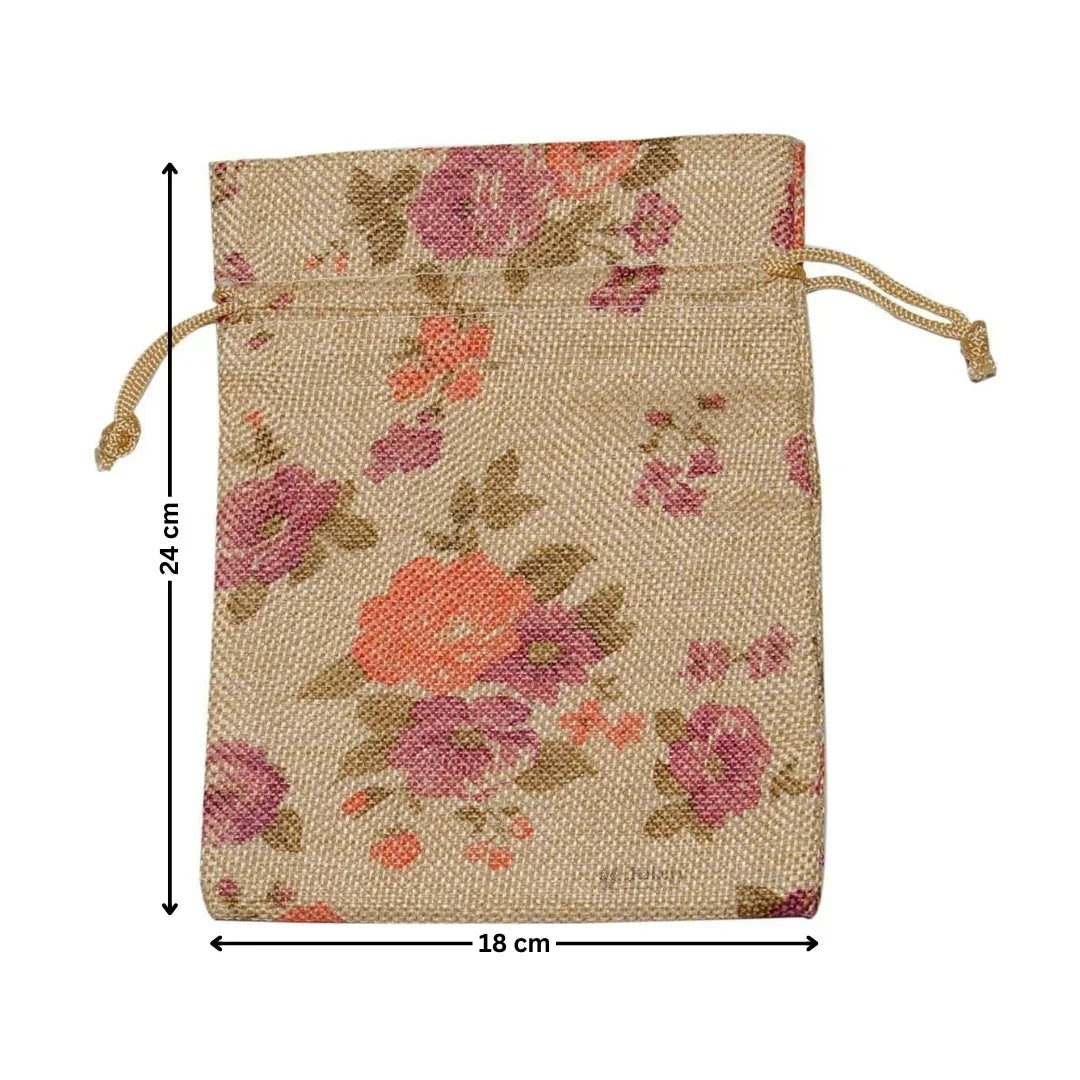 Floral Printed Jute Potli Bag | Floral Print Drawstring Pouch | 4 Sizes Available | Pack of 10