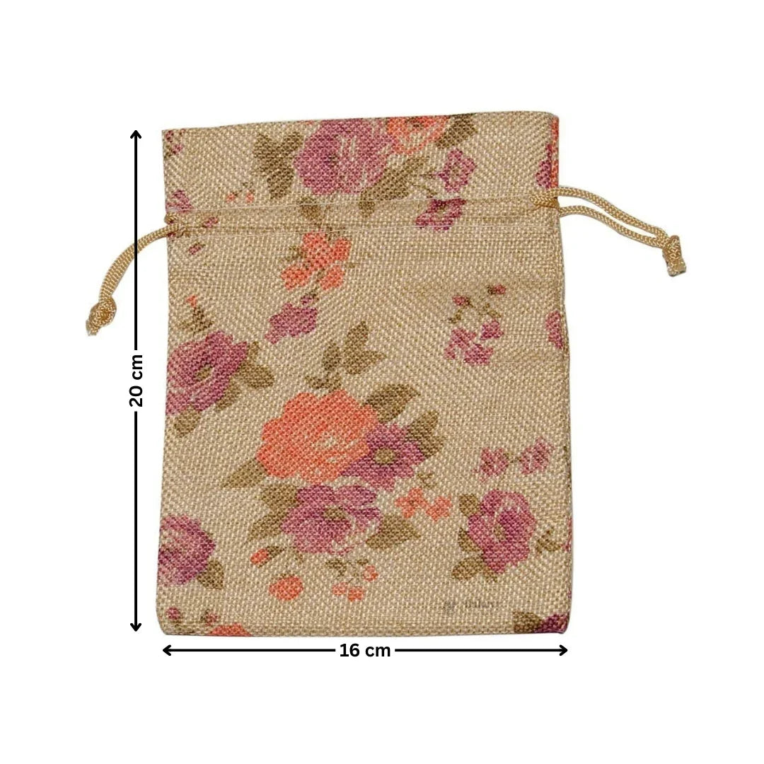 Floral Printed Jute Potli Bag | Floral Print Drawstring Pouch | 4 Sizes Available | Pack of 10