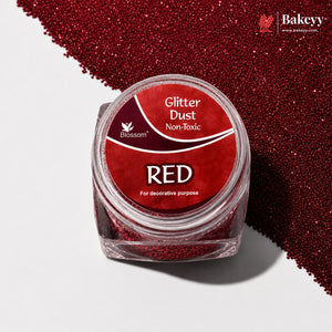 Red glitter dust container with 'Bakeyy' branding on a white background