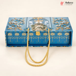 Blue Floral MDF Hamper Box with 3 Glass Jars | Pack of 1