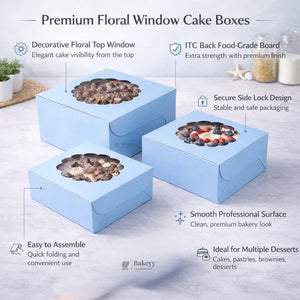 5 Inch Height | Cake Box With Flower Top Window | Blue Color | ITC Back Box | 3 Sizes Available | Pack Of 25