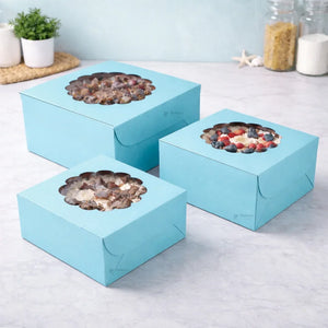 5 Inch Height | Cake Box With Flower Top Window | Blue Color | ITC Back Box | 3 Sizes Available | Pack Of 25 - Bakeyy.com - India - 5 Inch Height | Cake Box With Flower Top Window | Blue Color | ITC Back Box | 3 Sizes Available | Pack Of 25 - 7x7x5 Inch 650.00