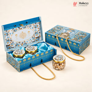 Blue Floral MDF Hamper Box with 3 Glass Jars | Pack of 1
