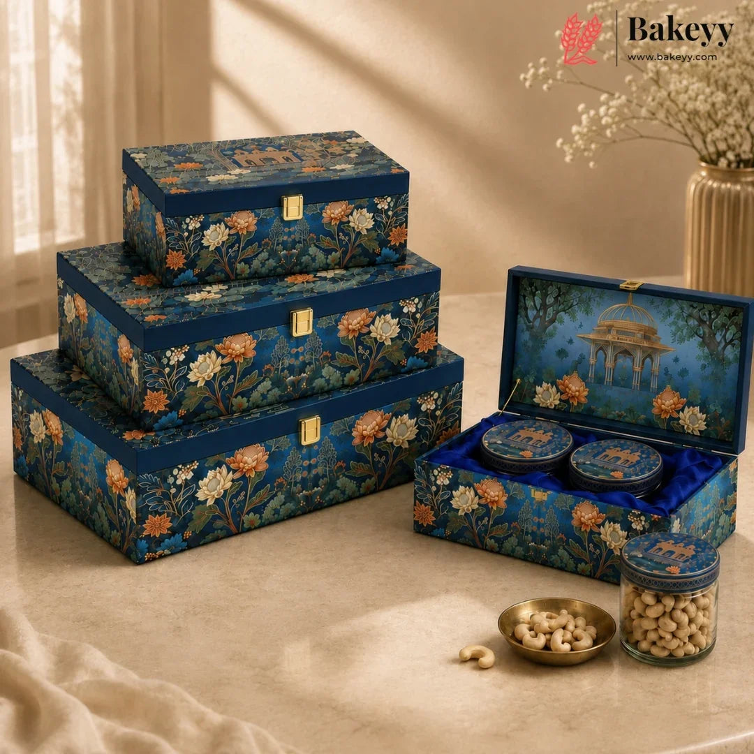 Blue Lotus Pavilion MDF Dry Fruit Gift Box with Glass Jar | Pack of 1