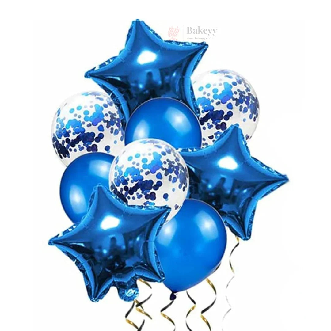 Blue Star Balloon Decoration Set | Star Foil Balloons with Blue Metallic & Blue Confetti Balloons | Party Decor Combo Kit | 13 Pcs Set 
