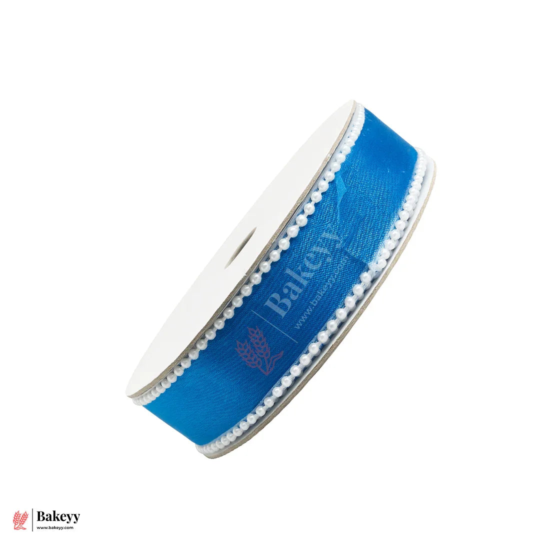 11651 | 9mtr Blue Net Ribbon with Double Pearl Edging – Decorative Roll for Bouquets, Gift Wrapping & Crafts