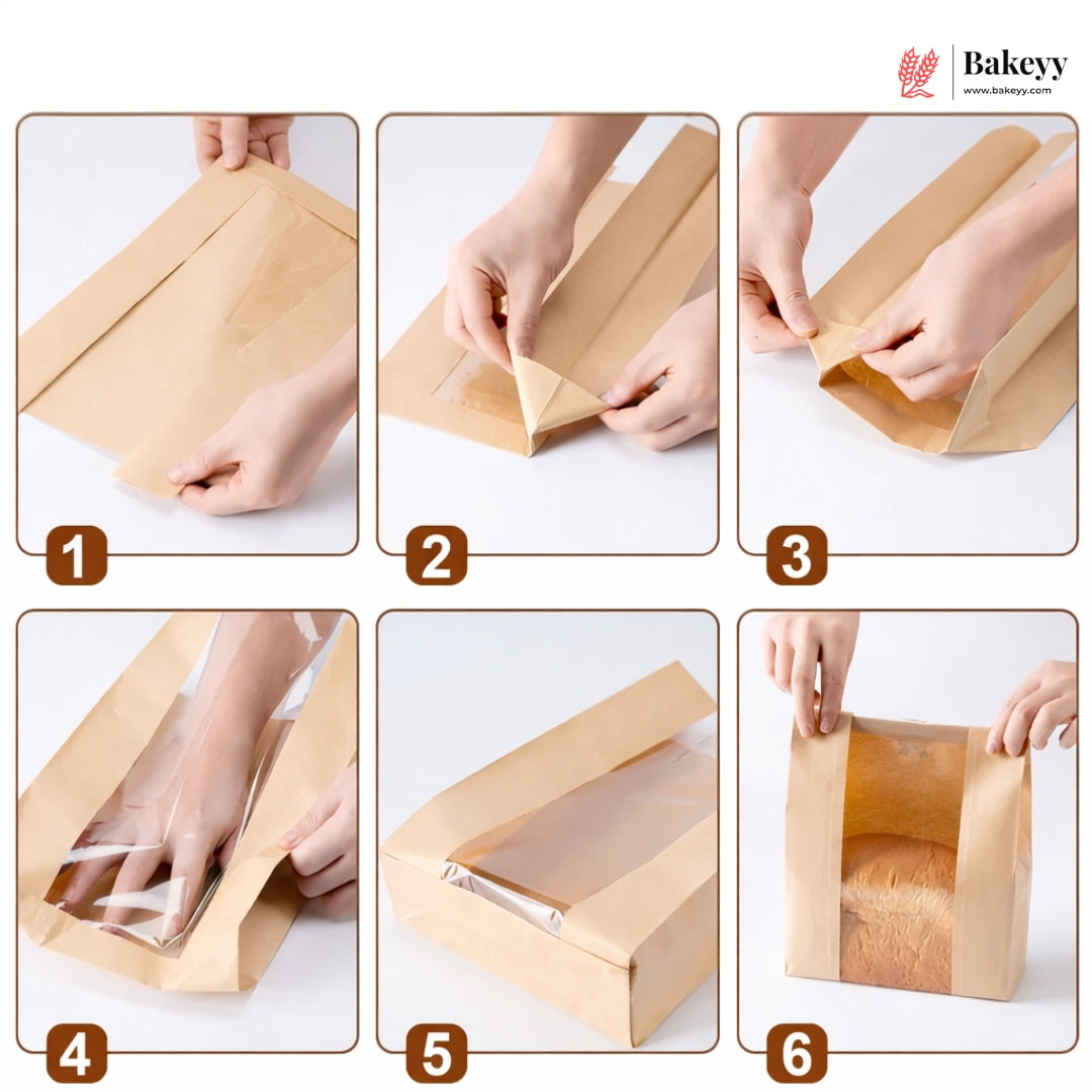 White Kraft Paper Bread Bags with Clear Window | Bakery Bags Tin Tie Tab Lock Treat Bag| Pack of 50