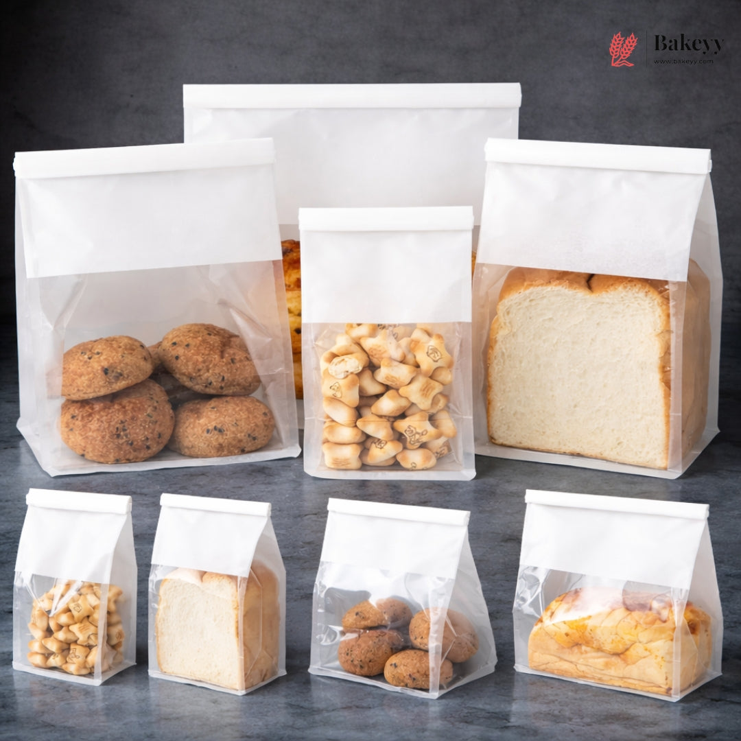 White Kraft Paper Bread Bags with Clear Window | Bakery Bags Tin Tie Tab Lock Treat Bag| Pack of 50
