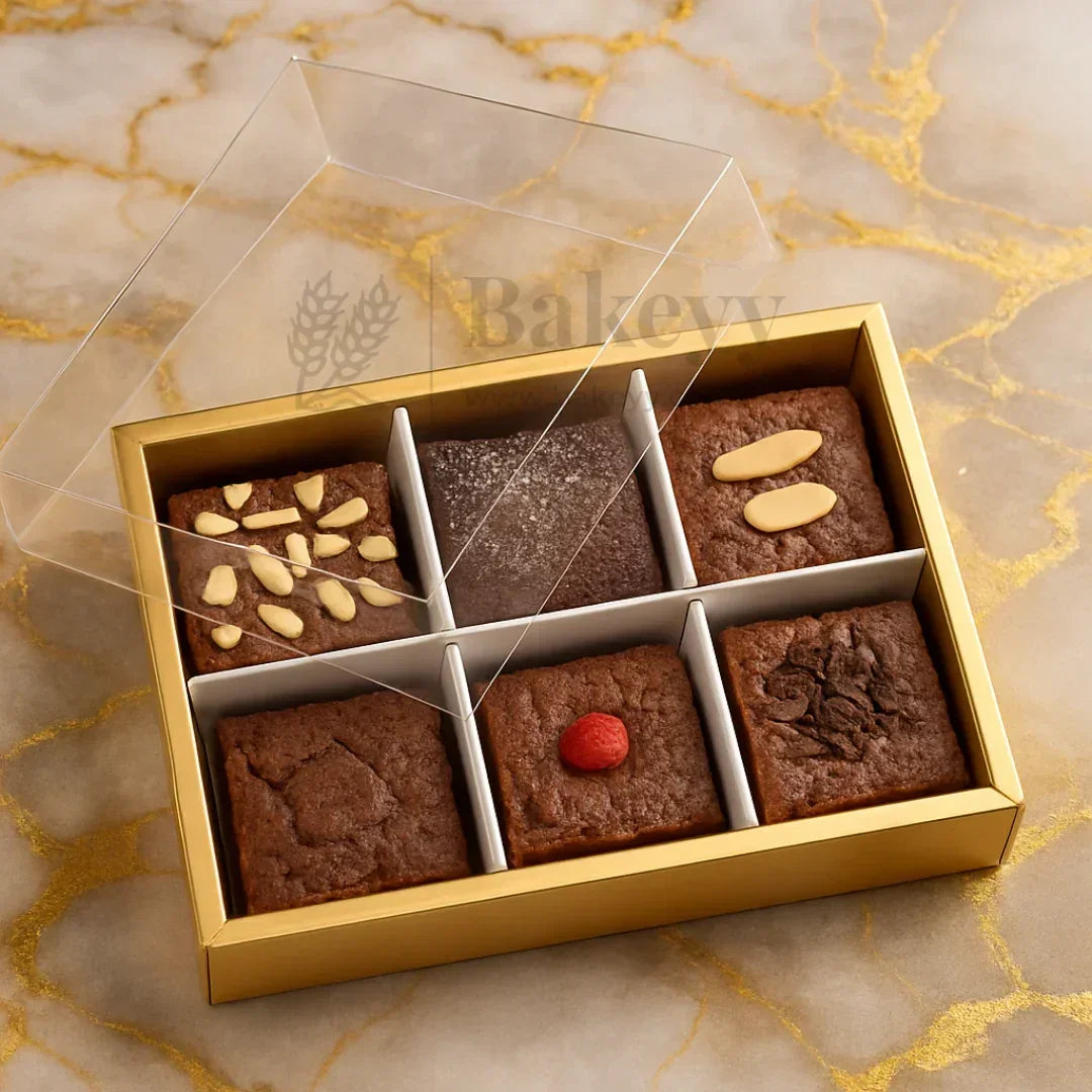 6 Cavity Brownie Box with Transparent Slider Lid | Metallic Gold | Pack of 10 - Bakeyy.com - India - 6 Cavity Brownie Box with Transparent Slider Lid | Metallic Gold | Pack of 10 - Default Title