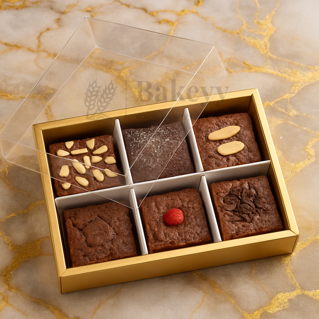 6 Cavity Brownie Box with Transparent Slider Lid | Metallic Gold | Pack of 10