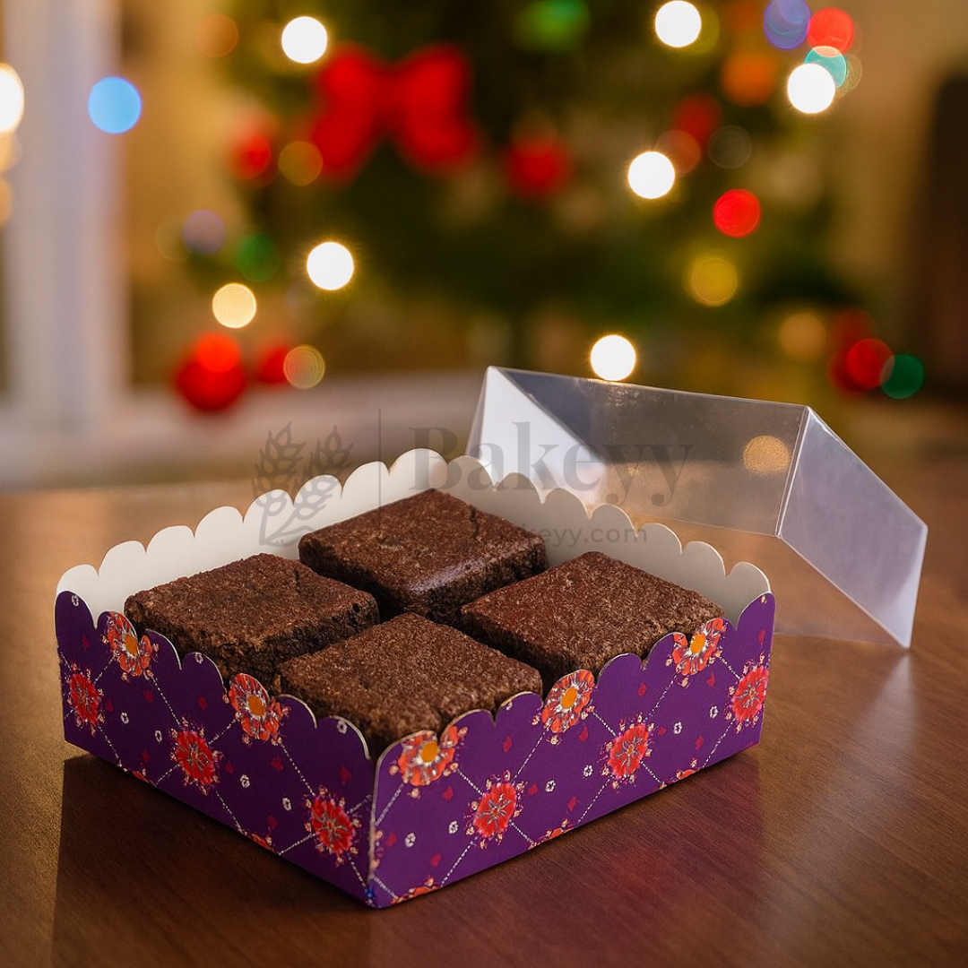 Purple Floral 4 Brownie Box With Transparent Lid | Pack of 10