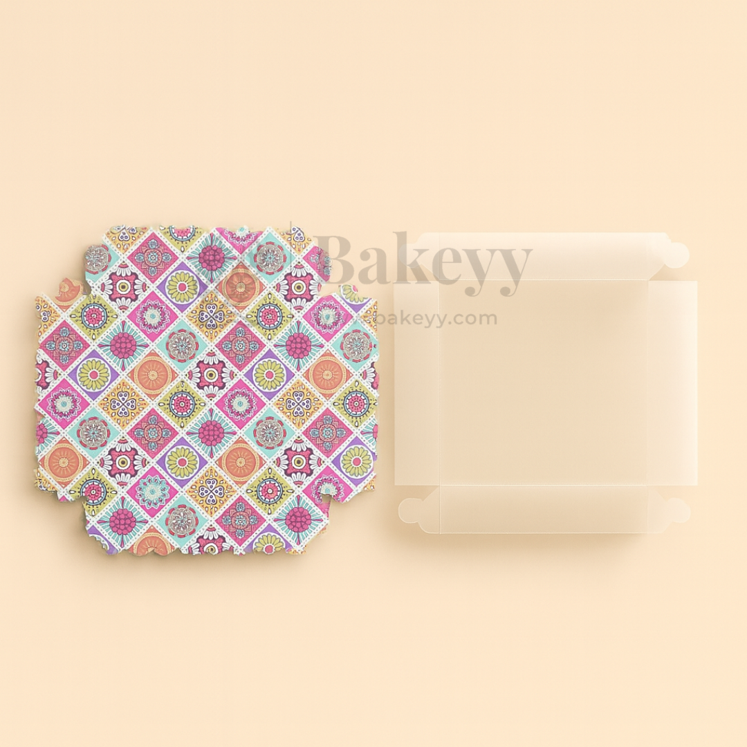Multicolour Floral Print 4 Brownie Box With Transparent Lid | Pack of 10
