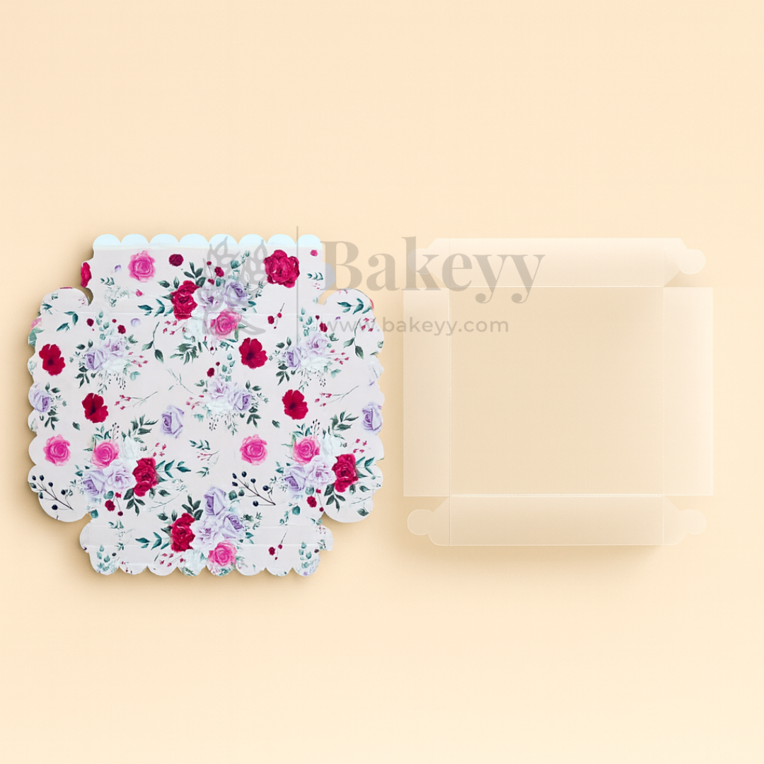 Light Pink Floral Print 4 Brownie Box With Transparent Lid | Pack of 10
