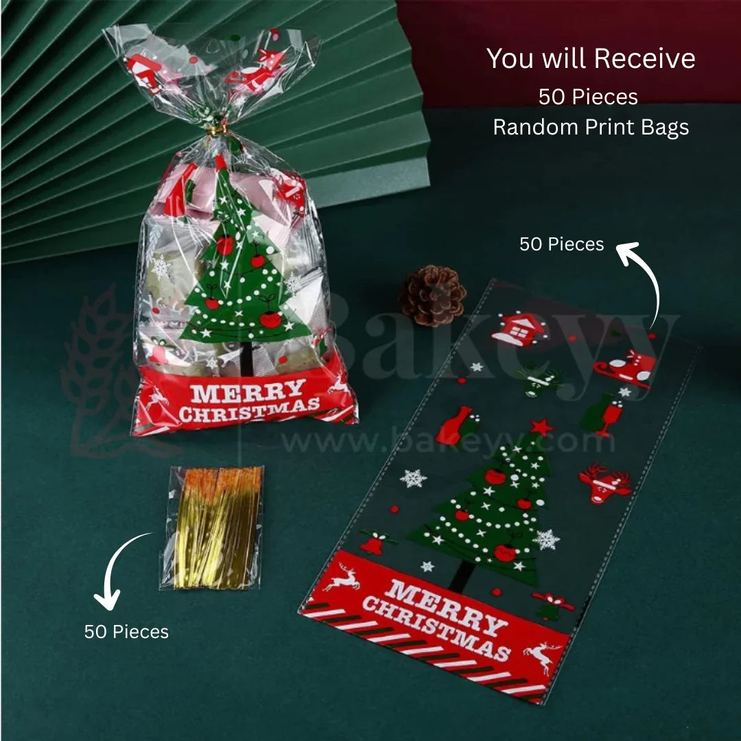 Christmas Cellophane Treat Bags with 50 Pieces Twisters | Pack of 50
