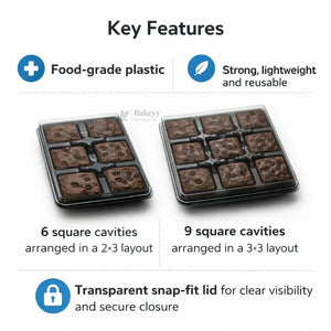 Brownie & Dessert Packaging Box with Transparent Lid | Square Compartments | Food-Grade Plastic | Pack of 50 - Bakeyy.com - India - Brownie & Dessert Packaging Box with Transparent Lid | Square Compartments | Food-Grade Plastic | Pack of 50 - 6 Cavity 1350.00