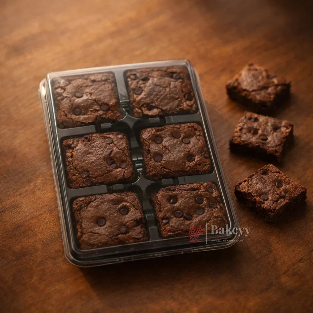 Brownie & Dessert Packaging Box with Transparent Lid | Square Compartments | Food-Grade Plastic | Pack of 50 - Bakeyy.com - India - Brownie & Dessert Packaging Box with Transparent Lid | Square Compartments | Food-Grade Plastic | Pack of 50 - 6 Cavity 1350.00