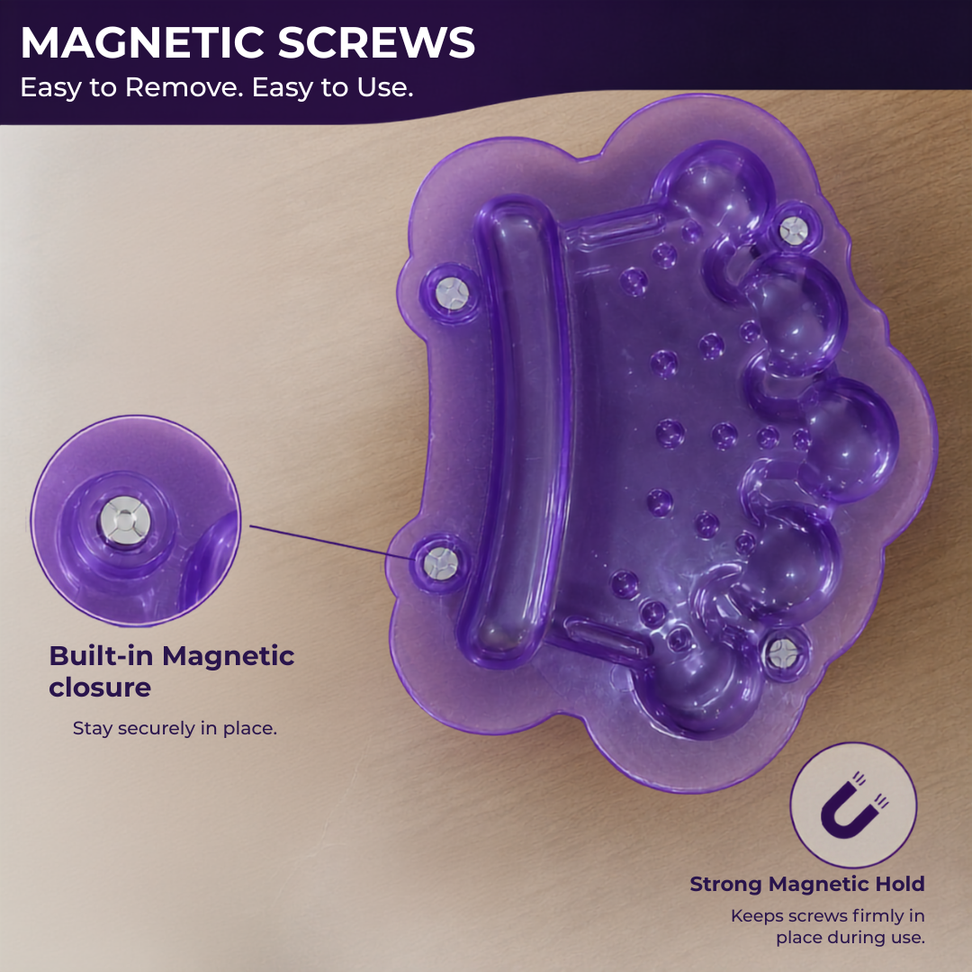 Purple plastic component with magnetic screws and text highlighting features on a beige background