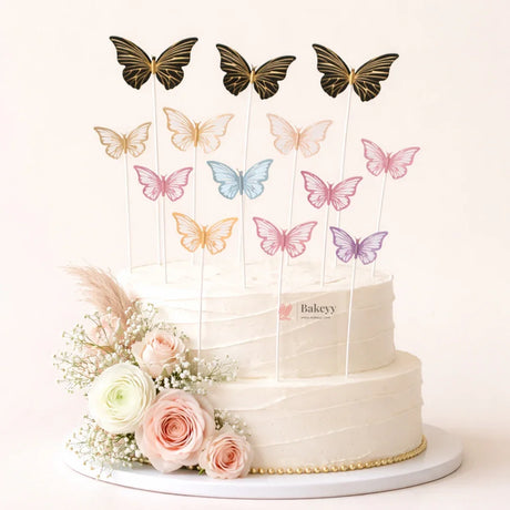 Butterfly Cake Toppers Set | Metallic Finish Wings | Cake & Cupcake Decoration Picks | Multiple Color | Pack of 10