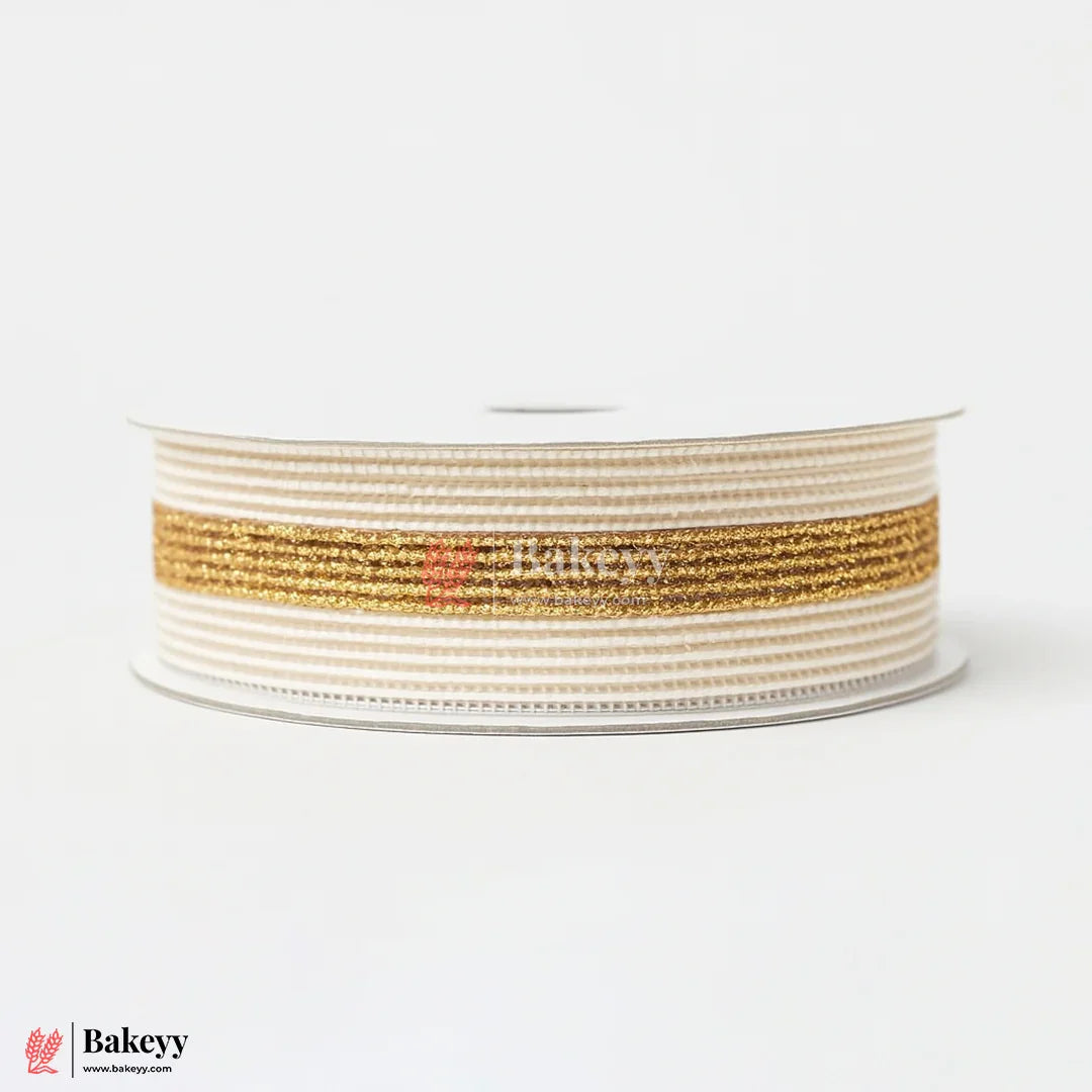 1.5cm Elastic White Net Ribbon with Gold Glitter Center | 9 Mtrs | Stretchable Decorative Craft Ribbon Roll for Gift Wrapping, Bouquets