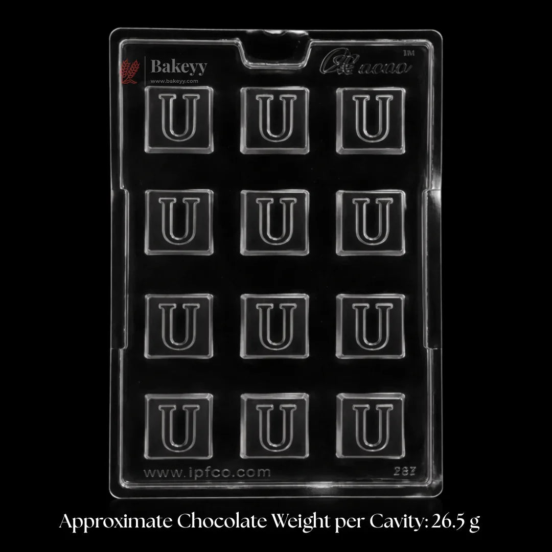 Mould 381, 382, 383 | “I”, Heart & “U” Letter Design | Alphabet & Heart Chocolate Mould | 12 Cavity | Pack of 1