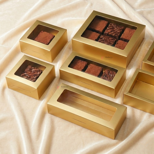 Metallic Gold Color Brownie Box | L Shape Window & Top Window | Multiple Capacities Available | Pack of 10