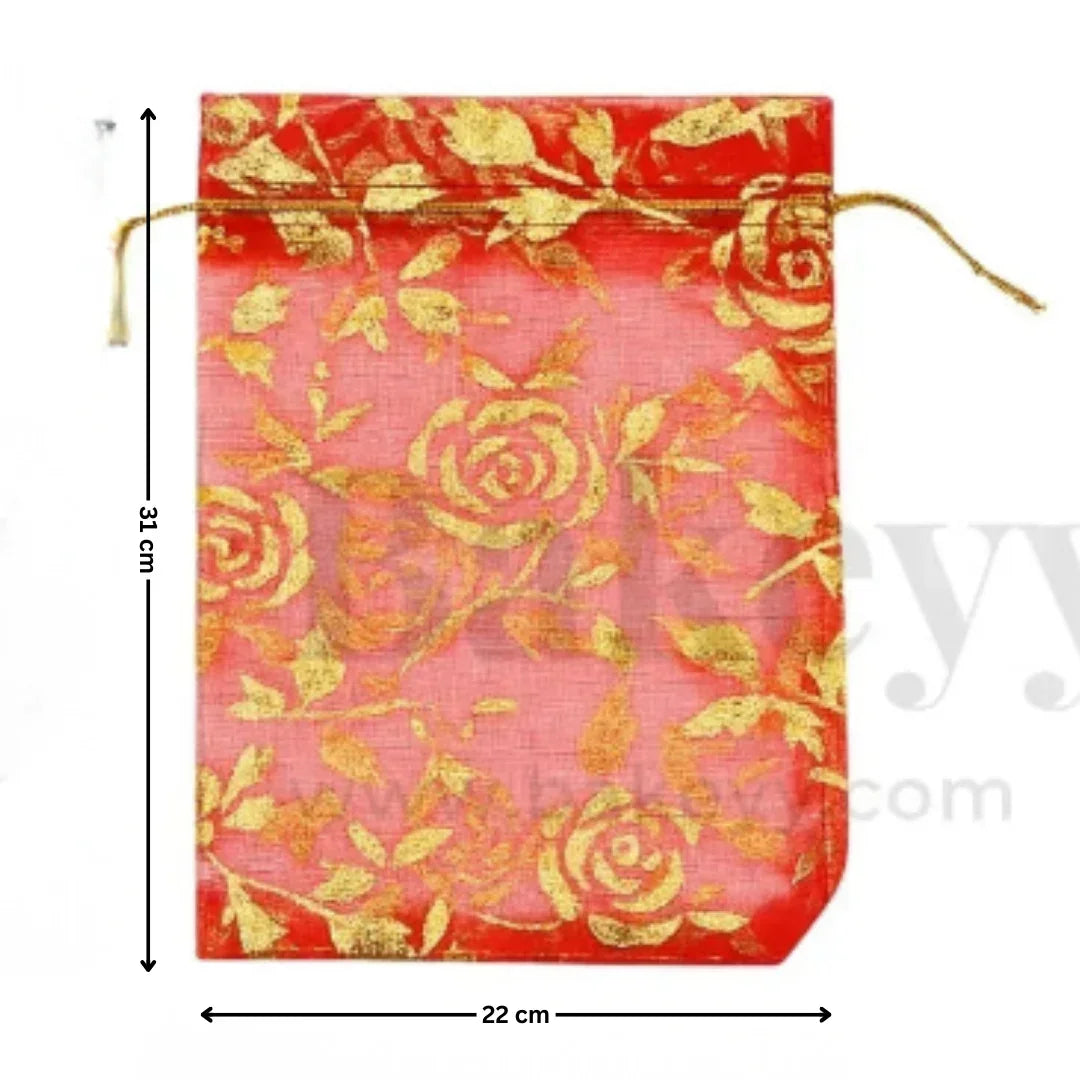 Printed Organza Potli Bags | Red Color - Bakeyy.com - India - Printed Organza Potli Bags | Red Color - 22x31 cm | Pack of 40 440.00