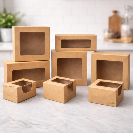 Kraft Brownie Boxes | L Shape and Top Window | Food-Grade Paperboard | Multiple Capacities Available - Bakeyy.com - India - Kraft Brownie Boxes | L Shape and Top Window | Food-Grade Paperboard | Multiple Capacities Available - Top Window / 1 Brownie 50.00