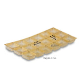 Gold plastic chocolate mould tray with 16 square cavities, each 4 cm, depth 1 cm, Bakeyy.com.