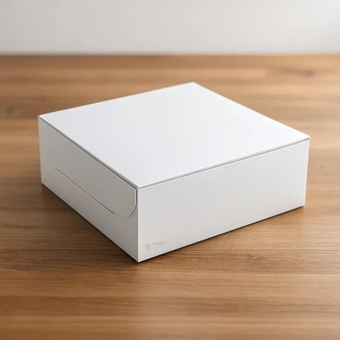 Bakeyy plain white cake box on a wooden table, ideal for bakery packaging and gifting