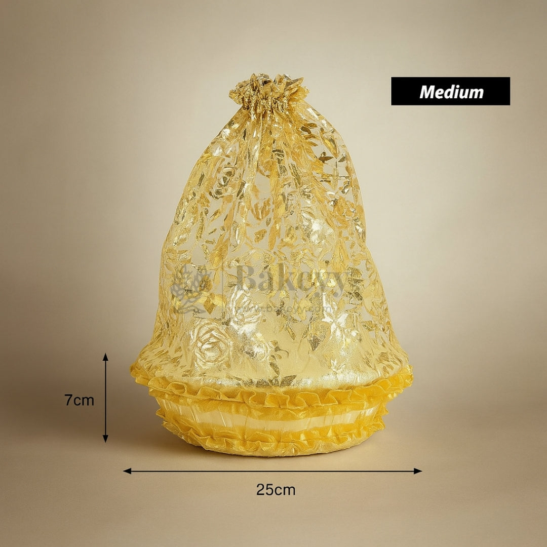 Medium | Gold Round Decorative Net Basket | Hamper Basket | Pack of 1
