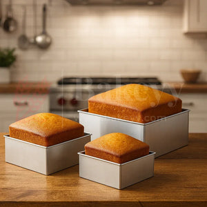 Three square aluminum cake pans with baked sponge cakes on a kitchen counter, Bakeyy baking supplies