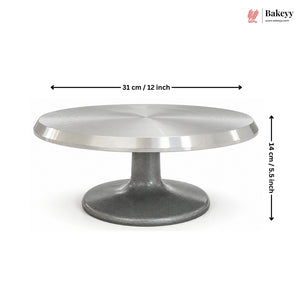 Metallic cake stand with dimensions labeled on a white background, featuring the Bakeyy brand.