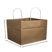 Brown kraft paper cake bag with handles, 12x10 inch, shown with Bakeyy branding for gift packaging.