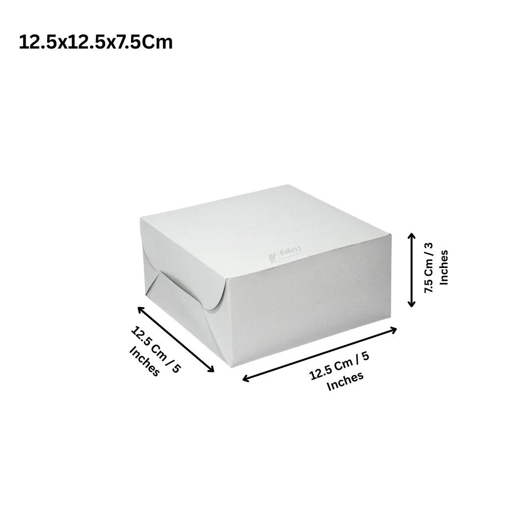 White bakery cake box 12.5x12.5x7.5cm with Bakeyy branding, ideal for packaging cakes.