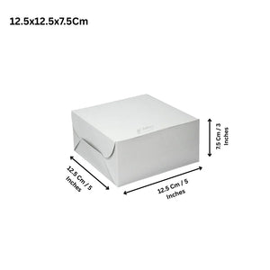 White bakery cake box 12.5x12.5x7.5cm with Bakeyy branding, ideal for packaging cakes.