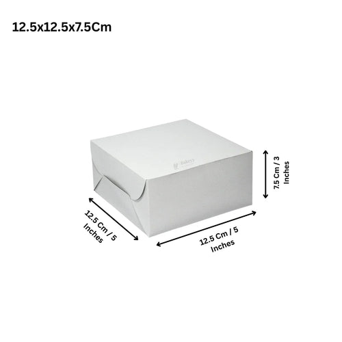 White bakery cake box 12.5x12.5x7.5cm with Bakeyy branding, ideal for packaging cakes.