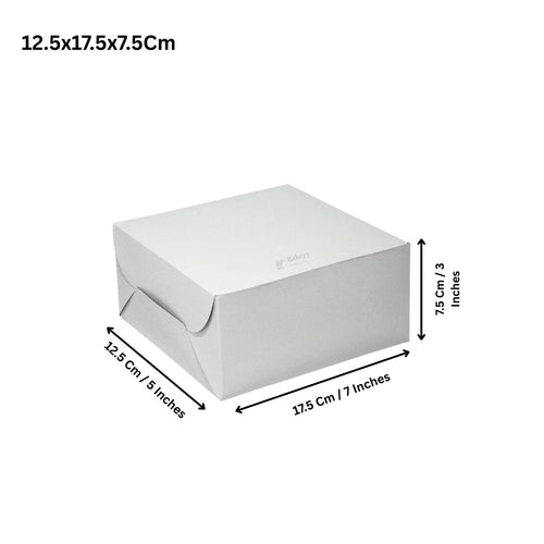 White bakery cake box 12.5x17.5x7.5cm with Bakeyy branding, ideal for gift packaging.