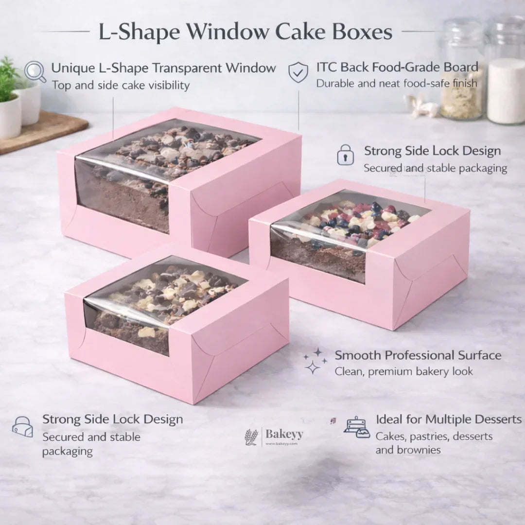 5 Inch Height | Cake Box With L-Shape Window | Pink Color | ITC Back Box | 3 Sizes Available | Pack Of 25
