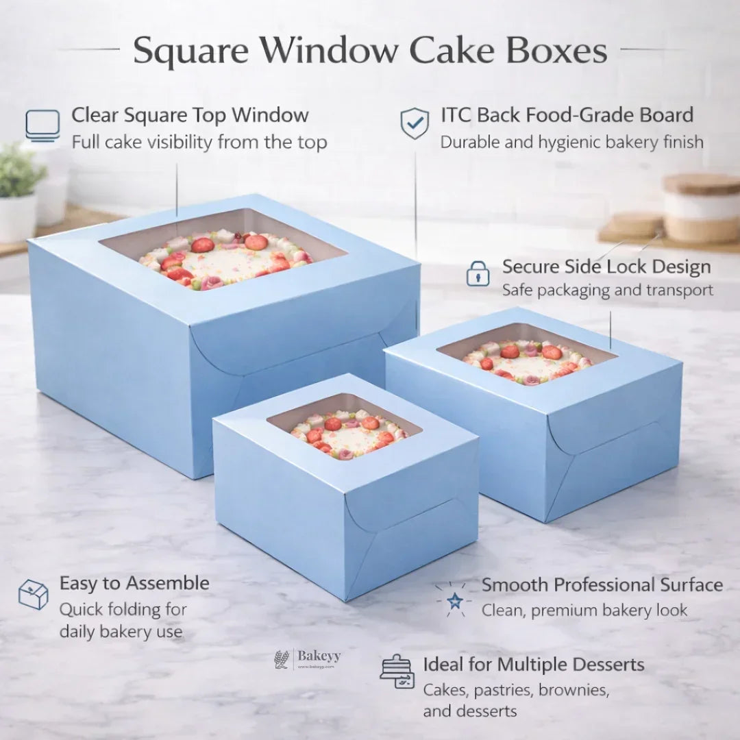 5 Inch Height | Cake Box With Square Top Window | Blue Color | ITC Back Box | 3 Sizes Available | Pack Of 25