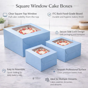5 Inch Height | Cake Box With Square Top Window | Blue Color | ITC Back Box | 3 Sizes Available | Pack Of 25