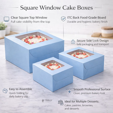 5 Inch Height | Cake Box With Square Top Window | Blue Color | ITC Back Box | 3 Sizes Available | Pack Of 25