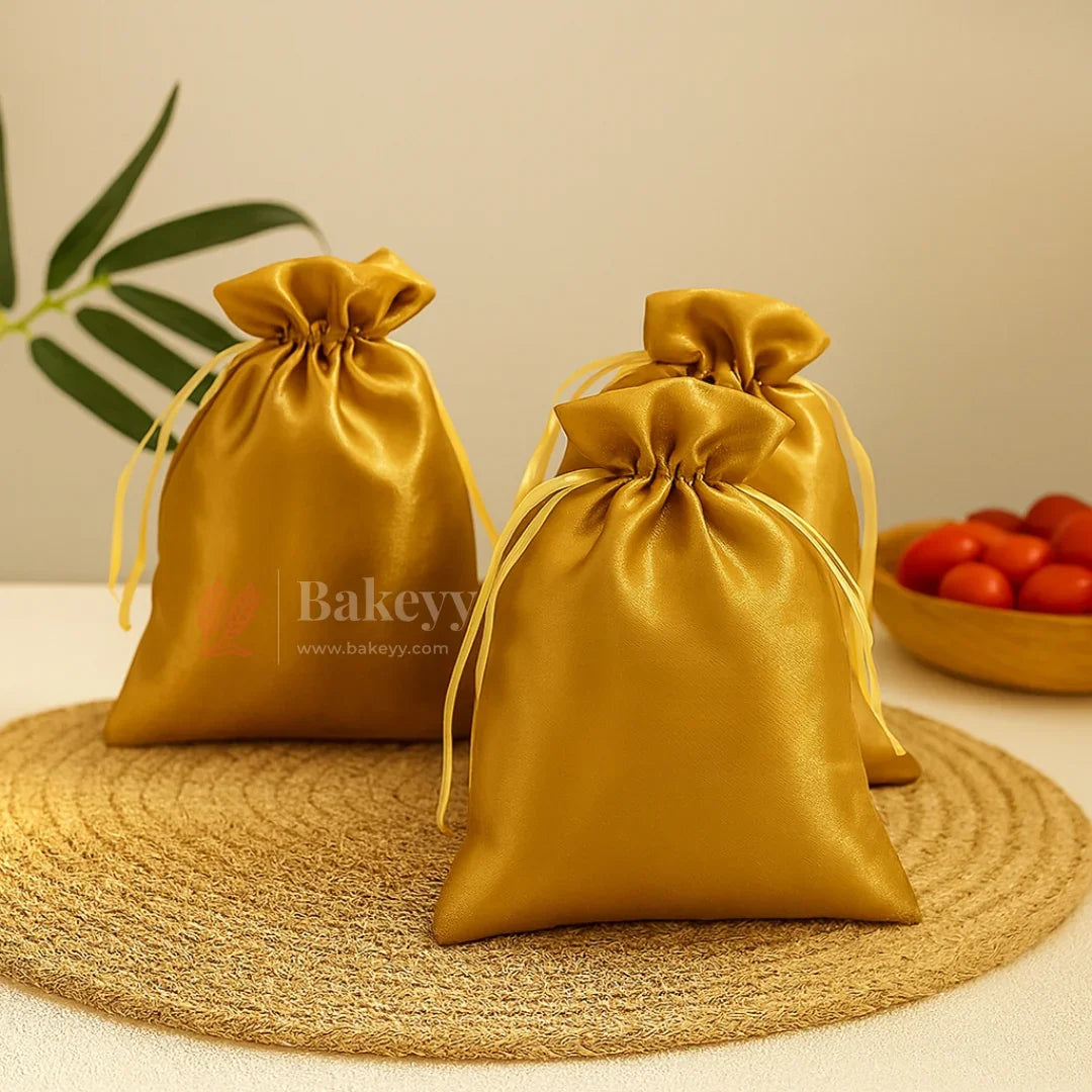 10x14 cm | Gold Colour Satin Potli Bags| Pack of 25