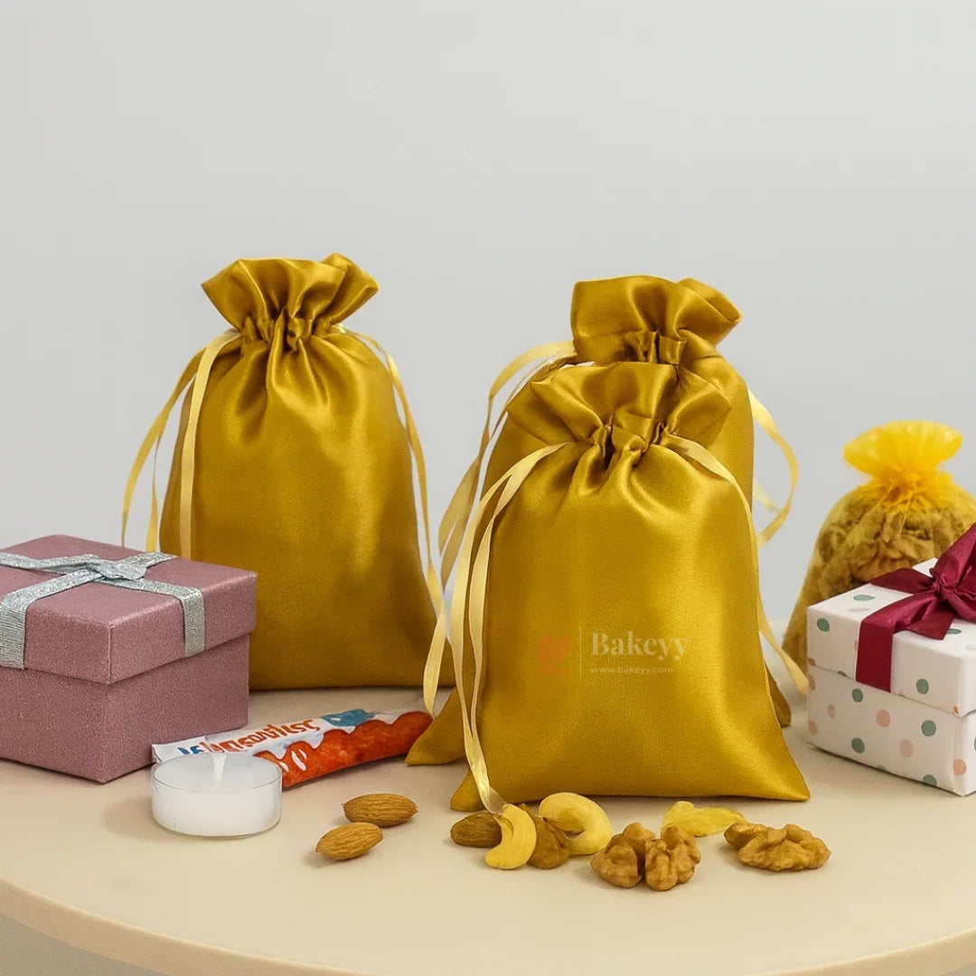 10x14 cm | Gold Colour Satin Potli Bags| Pack of 25