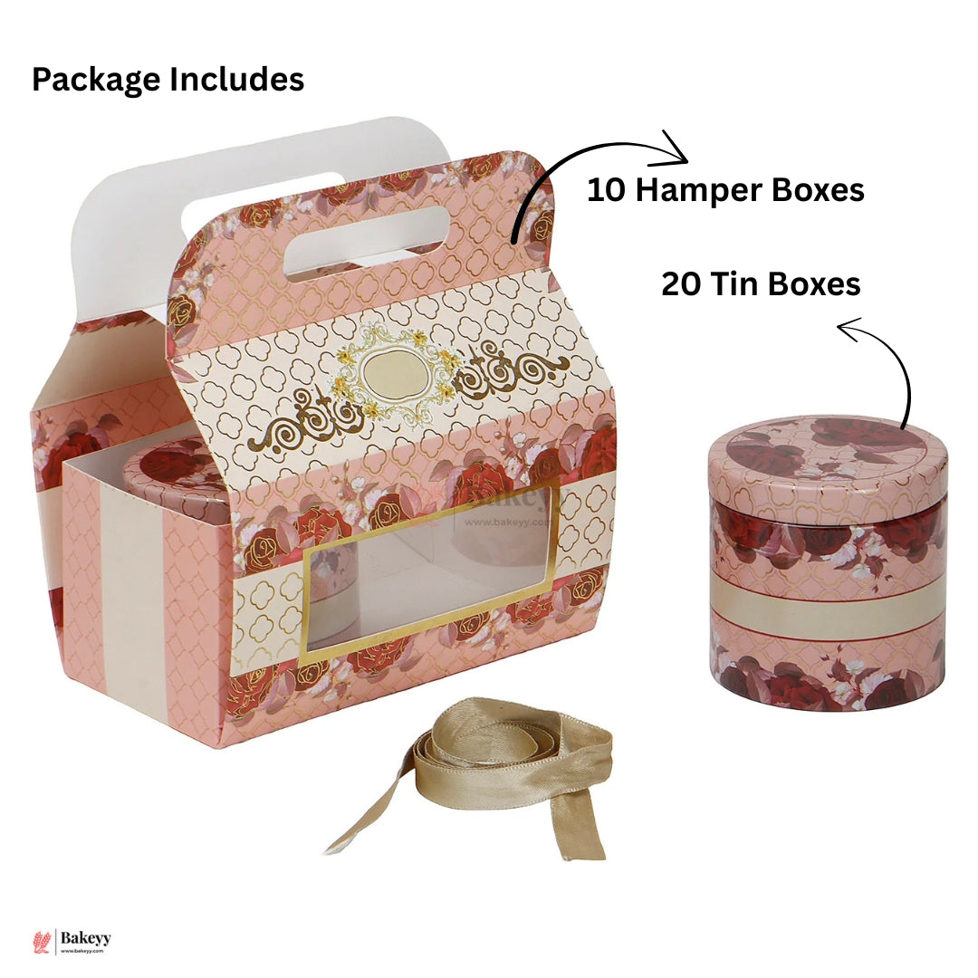 17.5x19x9cm | Luxury Floral Gift Box with Golden Ribbon & Transparent Window With 2 Tins | Pack of 10